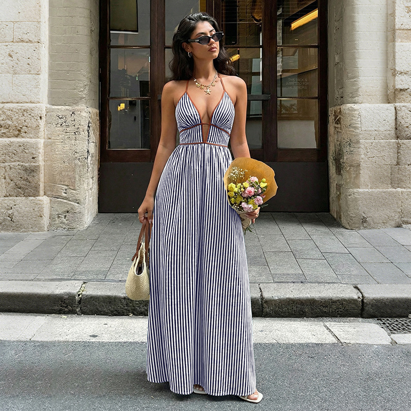 Women's Striped Strappy Dresses Fashion Summer V-Neck Maxi Dress Party Beach Evening Dress Women's Clothing - Image 6