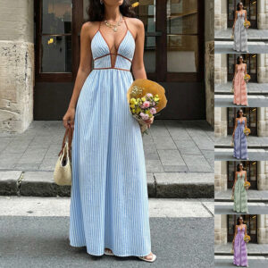 Women's Striped Strappy Dresses Fashion Summer V-Neck Maxi Dress Party Beach Evening Dress Women's Clothing