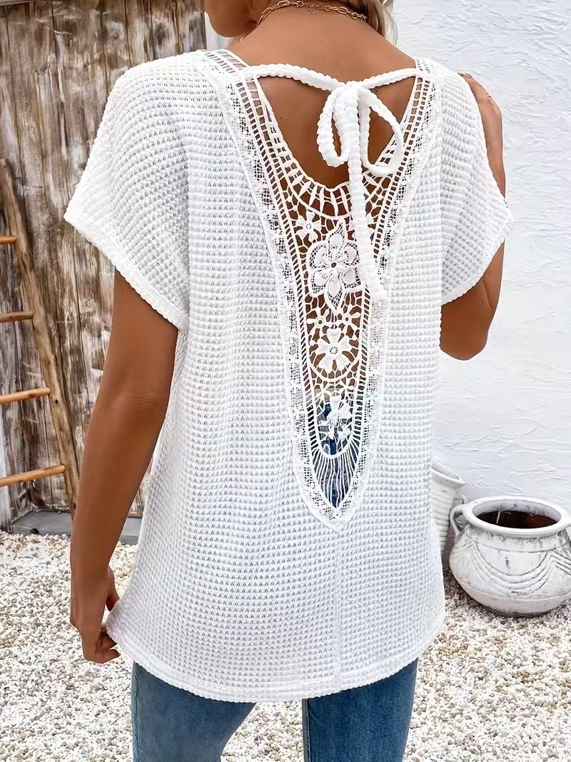 Womens Lace-Panel V-Neck Fashion T-Shirt - Image 10