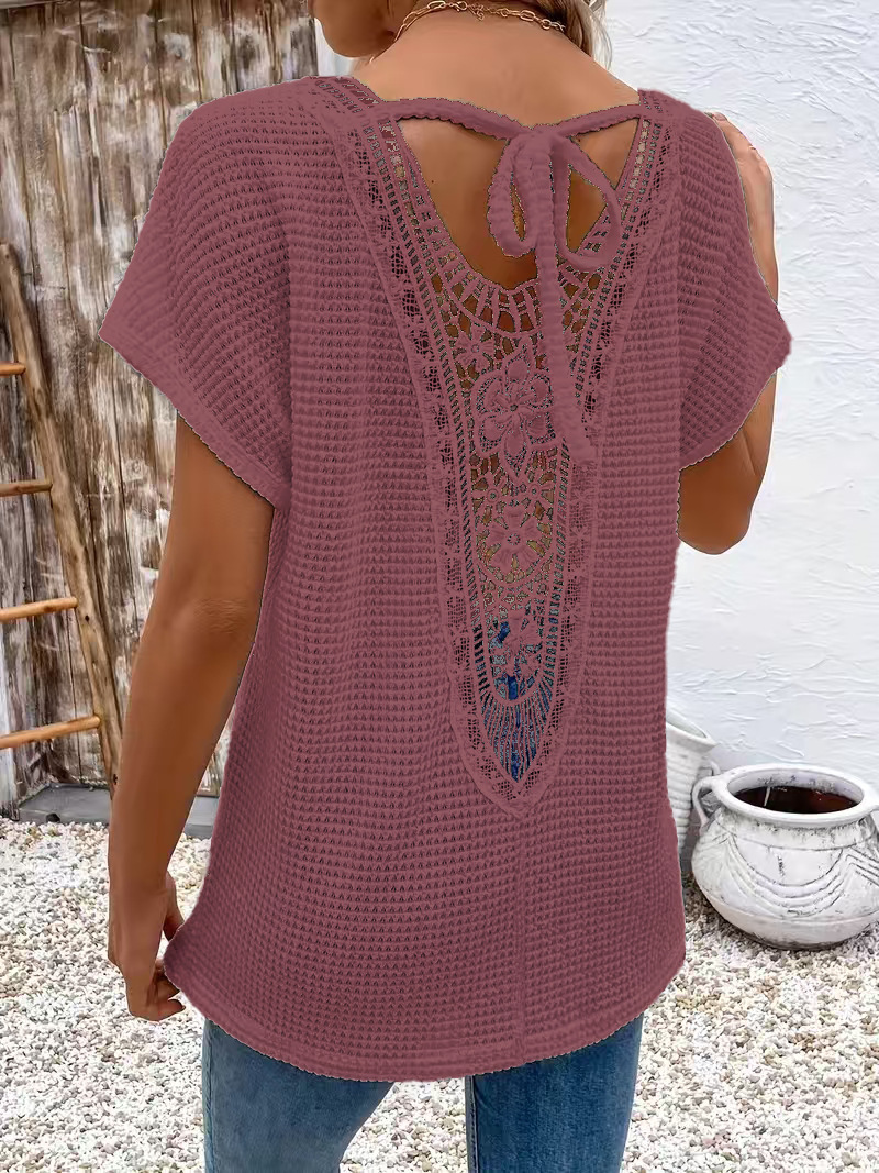 Womens Lace-Panel V-Neck Fashion T-Shirt - Image 7