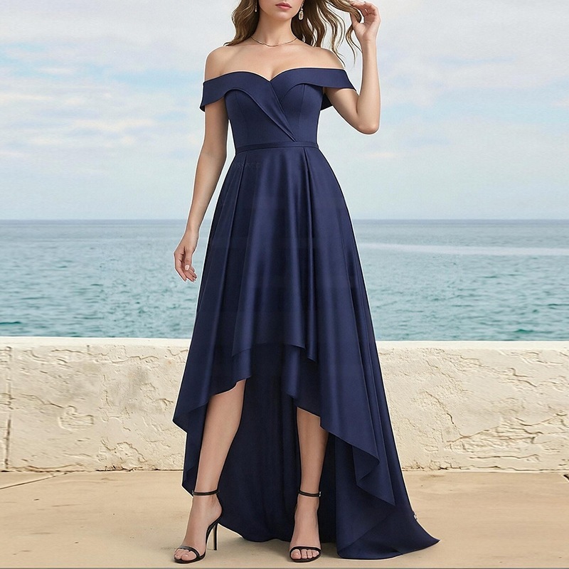 Spring New Womens Solid-Color Irregular French-Style Flowy Long Dress