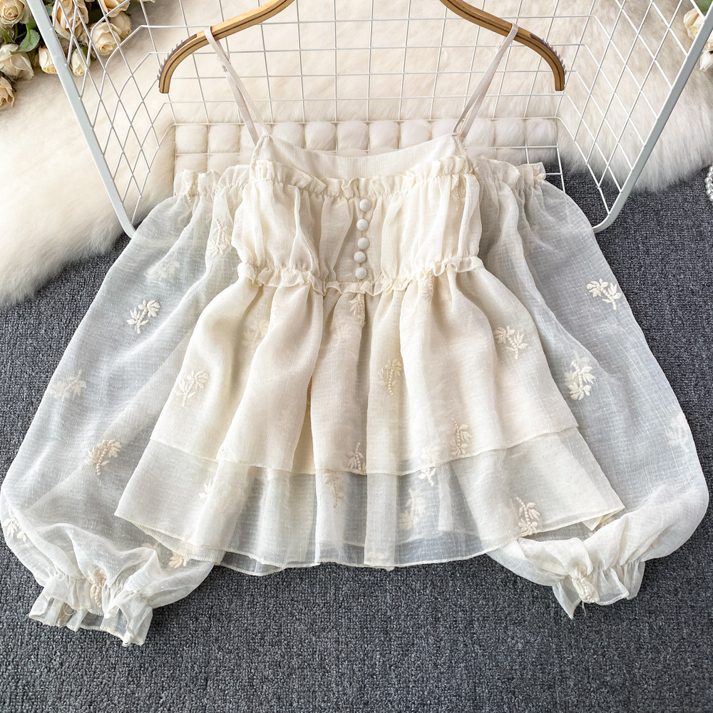 Sweet Off-shoulder Puff-sleeve Shirt With A Boat Neckline And Embroidered Ruffled Trim - Image 4