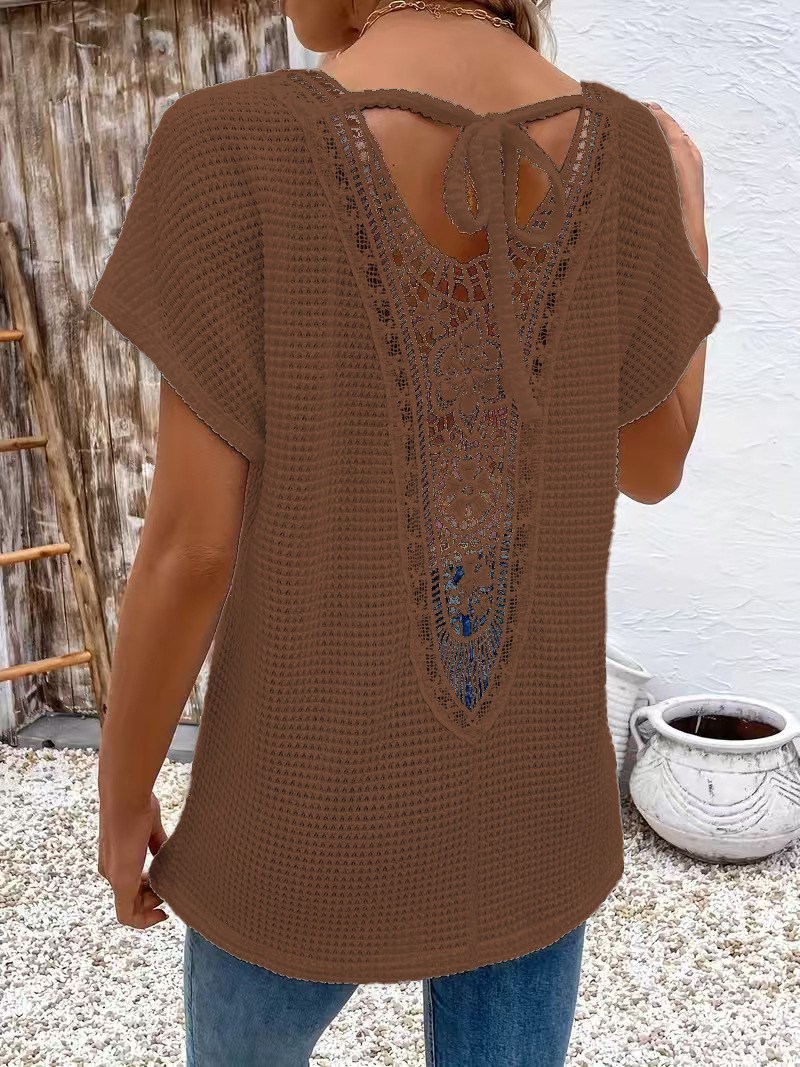Womens Lace-Panel V-Neck Fashion T-Shirt - Image 9