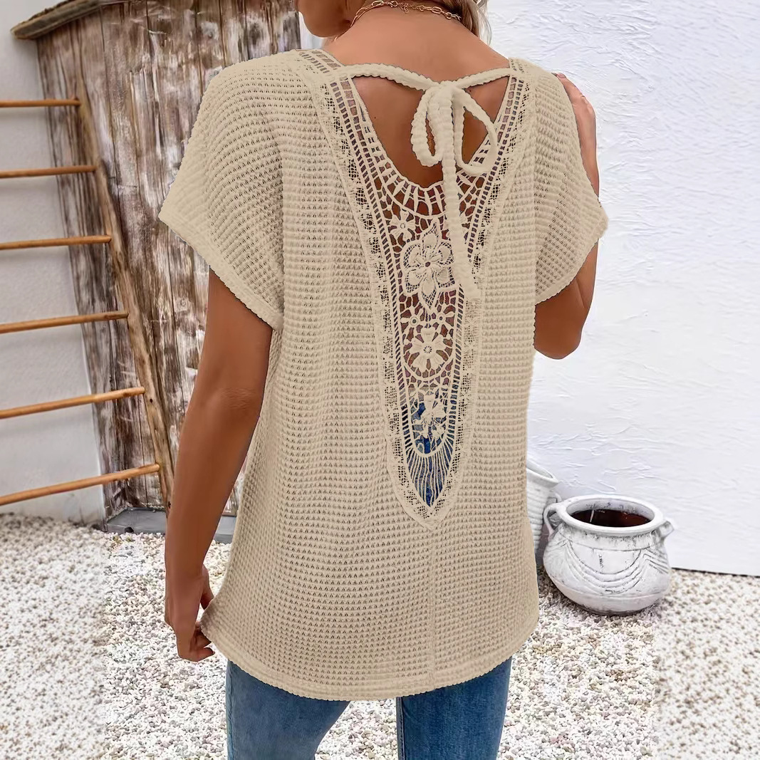 Womens Lace-Panel V-Neck Fashion T-Shirt - Image 6