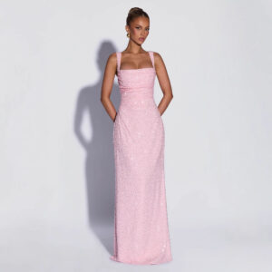 Sequined Solid-color Strapless Sleeveless Slip Dress With A Slit And A Fitted Waist