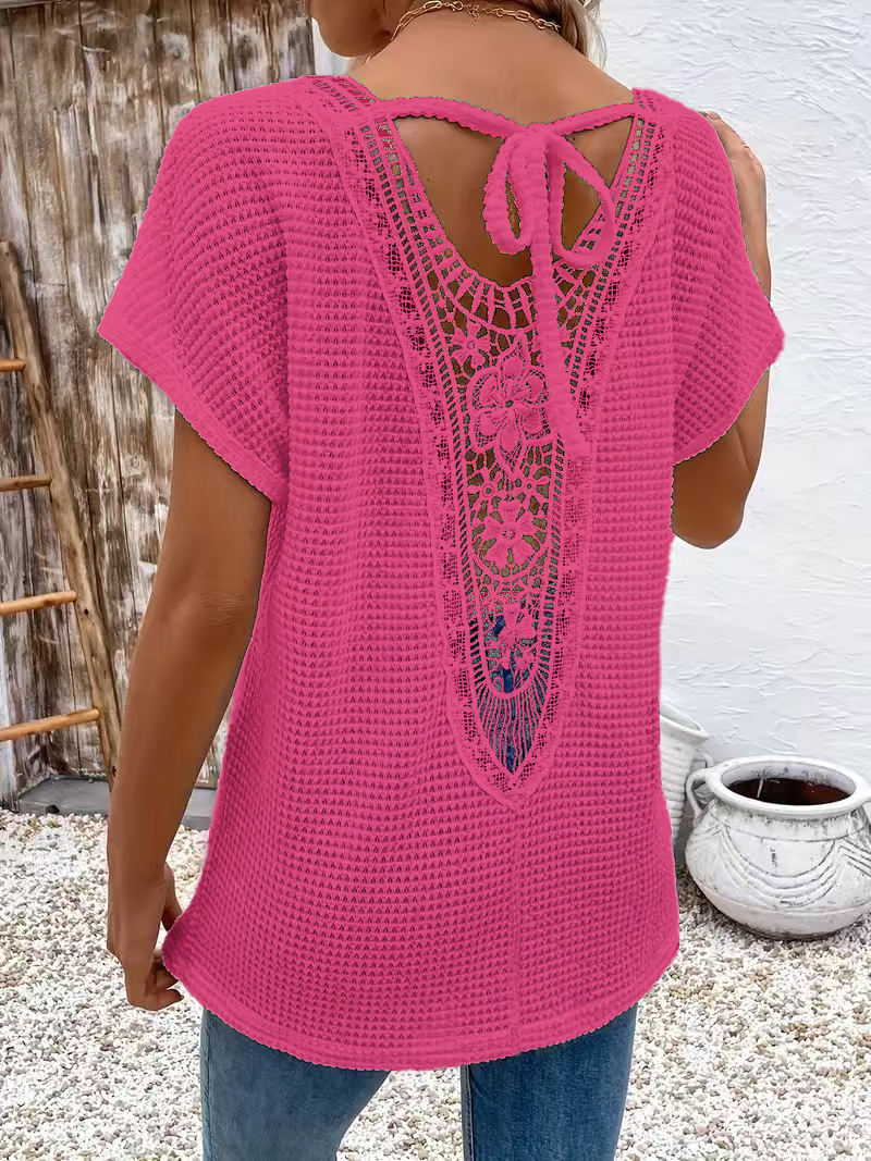 Womens Lace-Panel V-Neck Fashion T-Shirt - Image 3