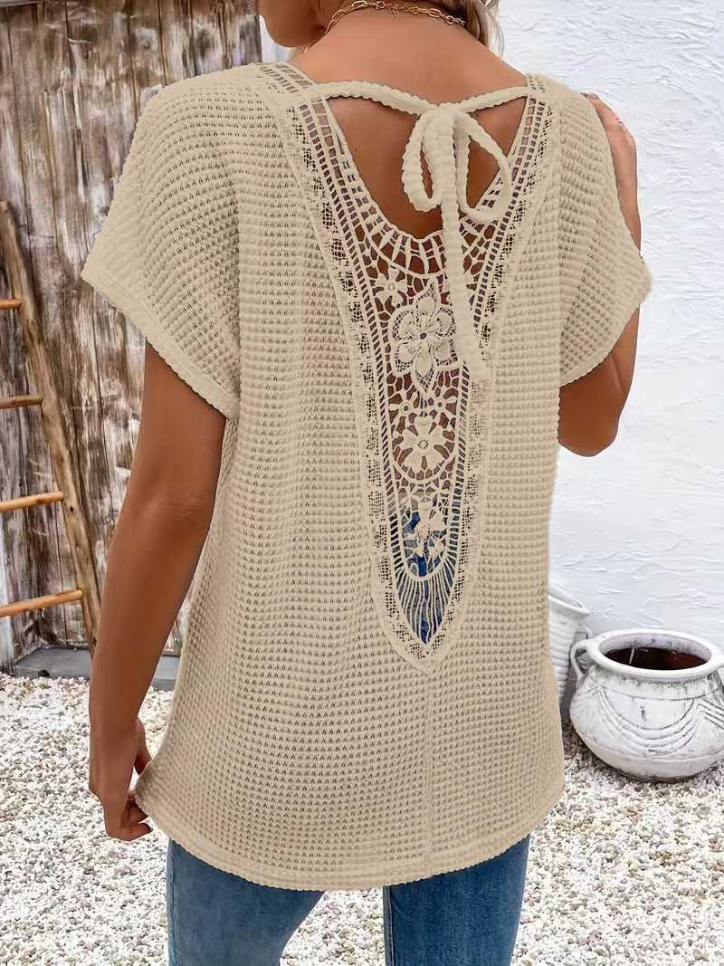 Womens Lace-Panel V-Neck Fashion T-Shirt - Image 4