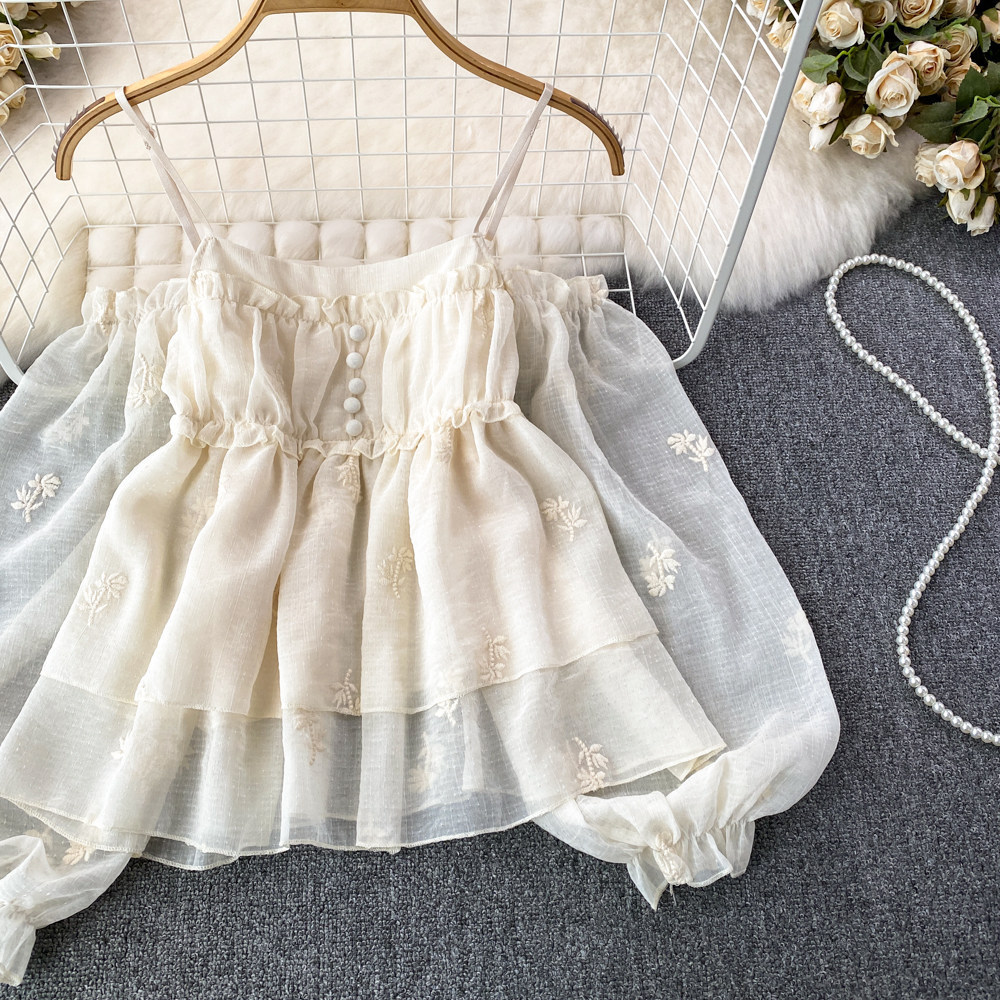 Sweet Off-shoulder Puff-sleeve Shirt With A Boat Neckline And Embroidered Ruffled Trim - Image 2