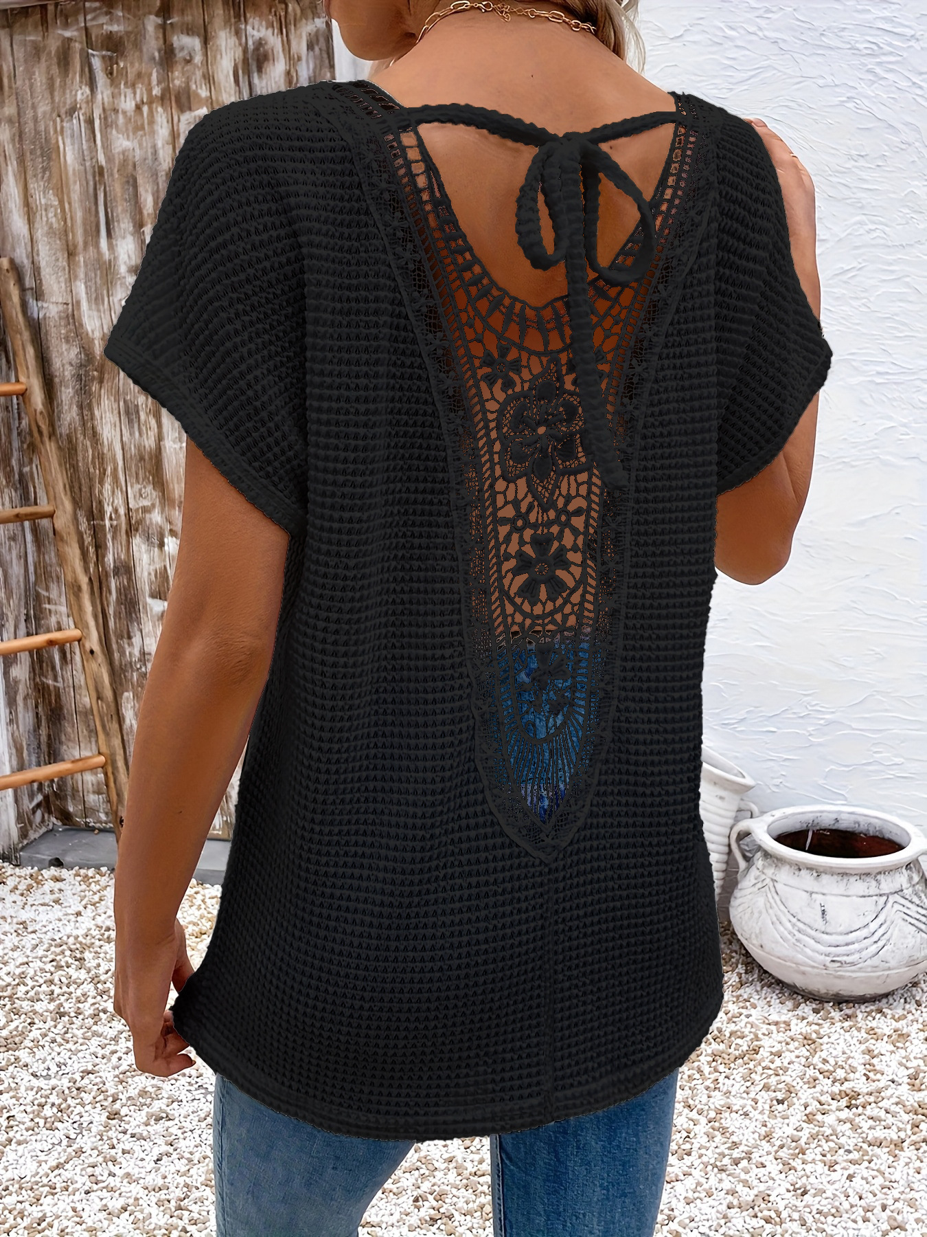 Womens Lace-Panel V-Neck Fashion T-Shirt - Image 5