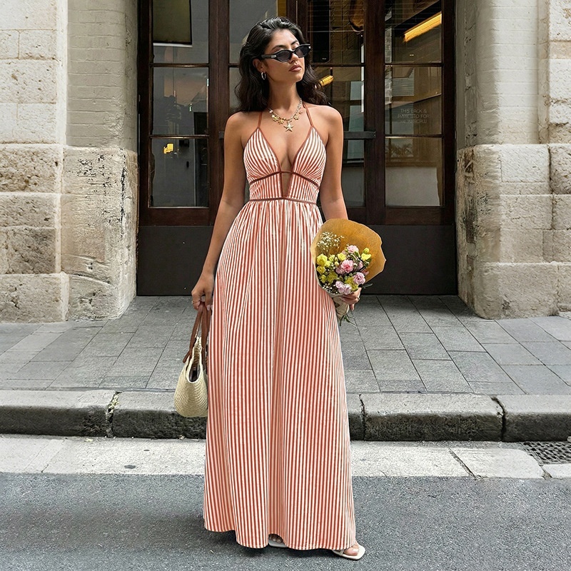 Women's Striped Strappy Dresses Fashion Summer V-Neck Maxi Dress Party Beach Evening Dress Women's Clothing - Image 9
