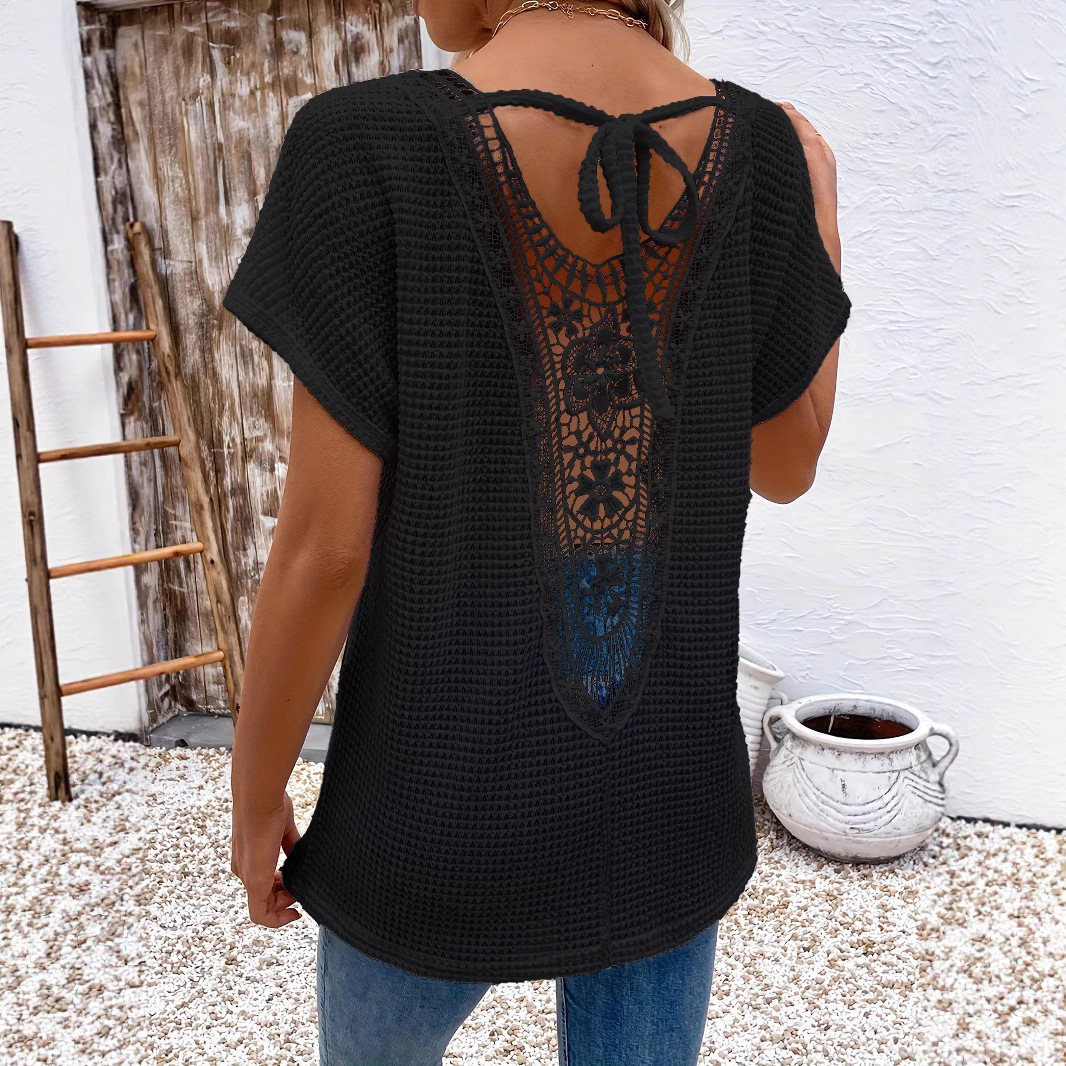 Womens Lace-Panel V-Neck Fashion T-Shirt - Image 2