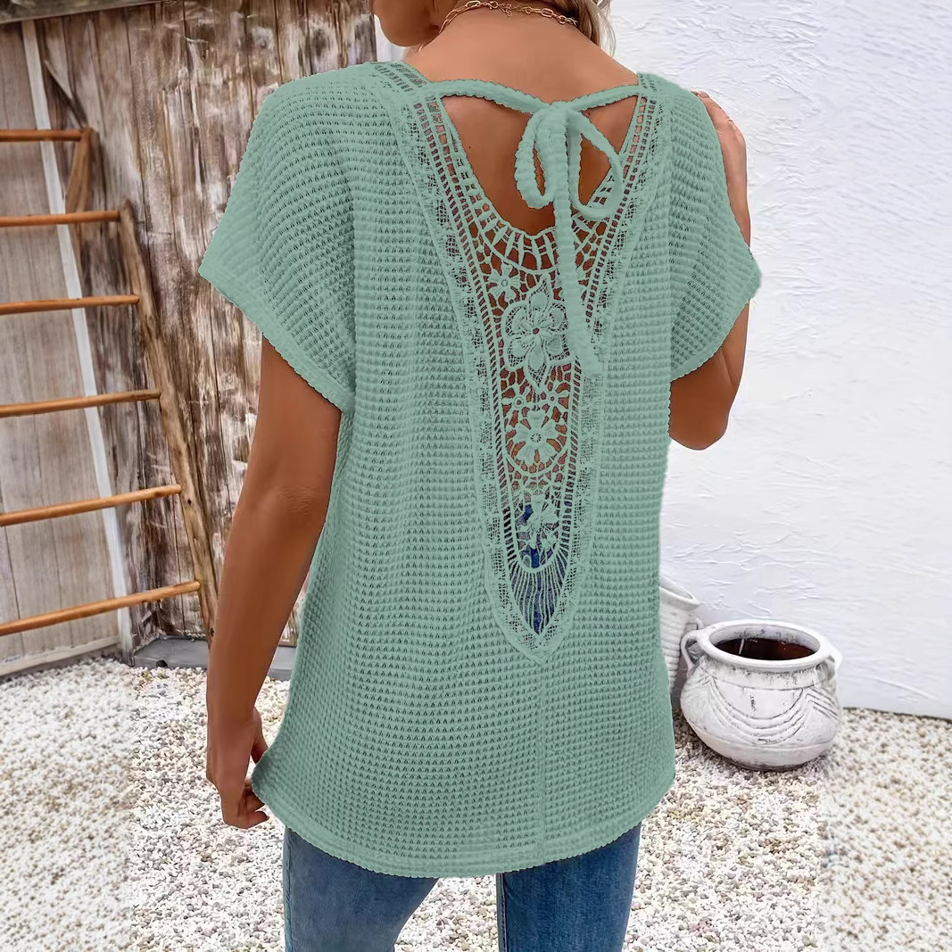 Womens Lace-Panel V-Neck Fashion T-Shirt - Image 8