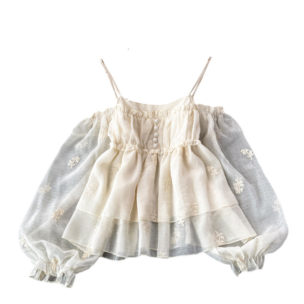 Sweet Off-shoulder Puff-sleeve Shirt With A Boat Neckline And Embroidered Ruffled Trim - Image 6