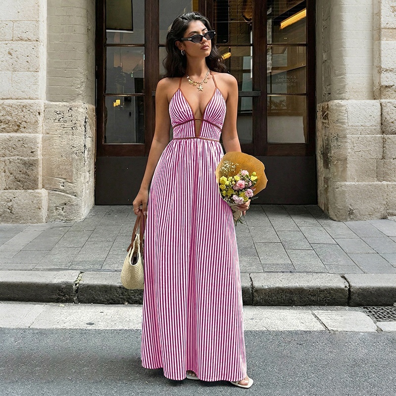Women's Striped Strappy Dresses Fashion Summer V-Neck Maxi Dress Party Beach Evening Dress Women's Clothing - Image 4