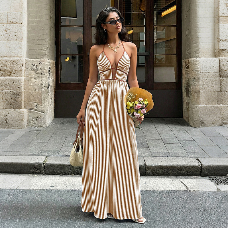 Women's Striped Strappy Dresses Fashion Summer V-Neck Maxi Dress Party Beach Evening Dress Women's Clothing - Image 2