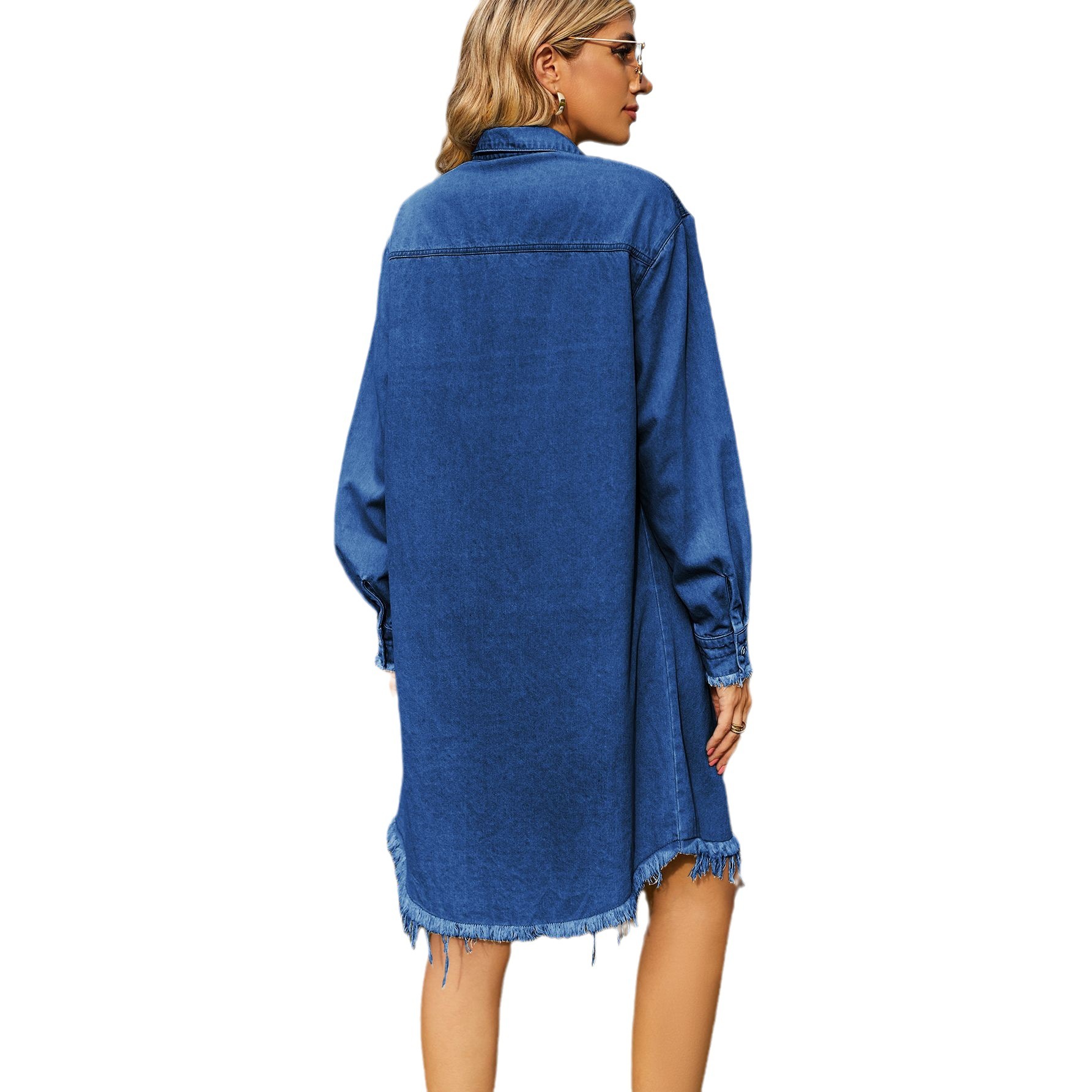 Womens Denim Loose-Fit Casual Long-Sleeve Hem-Drop Dress - Image 6