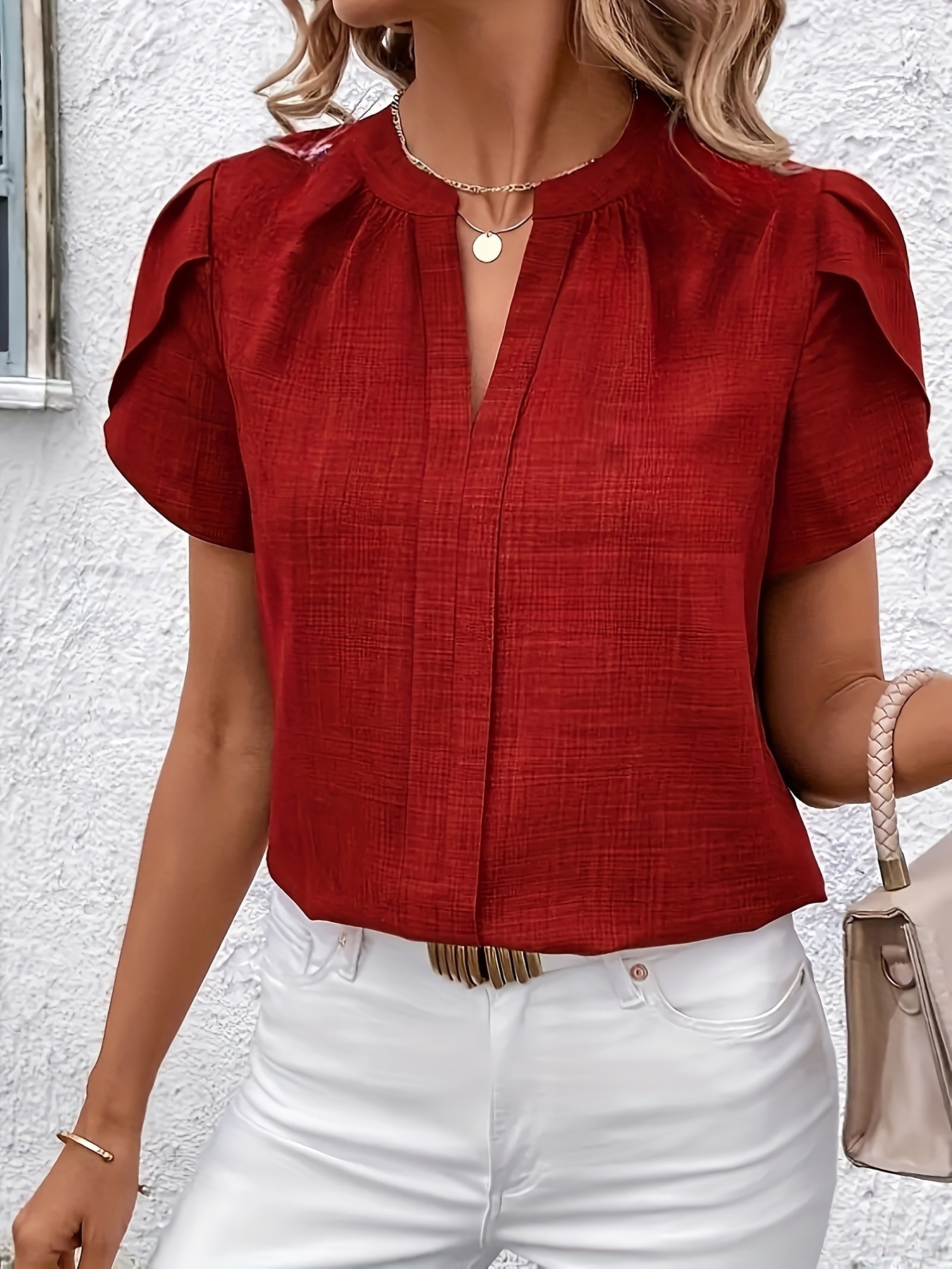 Elegant Womens V-neck Blouse With Petal Sleeves And A Slit - Image 8